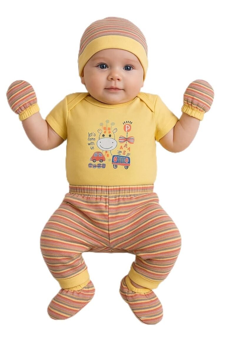 EIO Newborn Baby Cotton Romper Set – Onesie Bodysuit, Cap, Pants & Booties with Mittens | Unisex Baby Clothing Combo for Boys & Girls