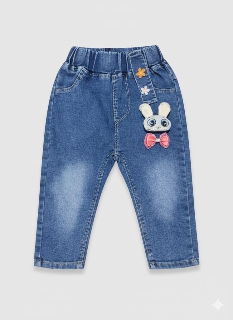 A.T.U.N. (ALL THINGS UBER NICE) Baby Girls Classic Denim Jeans | Soft Touch 100% Cotton Bottom Wear with Elastic Waistband | Adorable Applique Style Comfortable Denim Pants for Infants