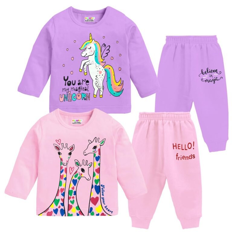 Kuchipoo Girls Regular Fit Cotton T-Shirts and Pyjamas Set