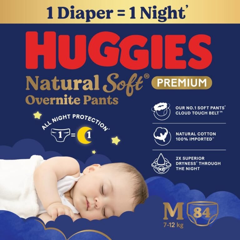 Huggies Natural Soft Overnite Diaper Pants| Premium Pant Style Baby Diapers Medium Size (M Size | 7-12 Kgs), 42 count| Keeps baby dry all night with cloud softness all over (Pack of 2)