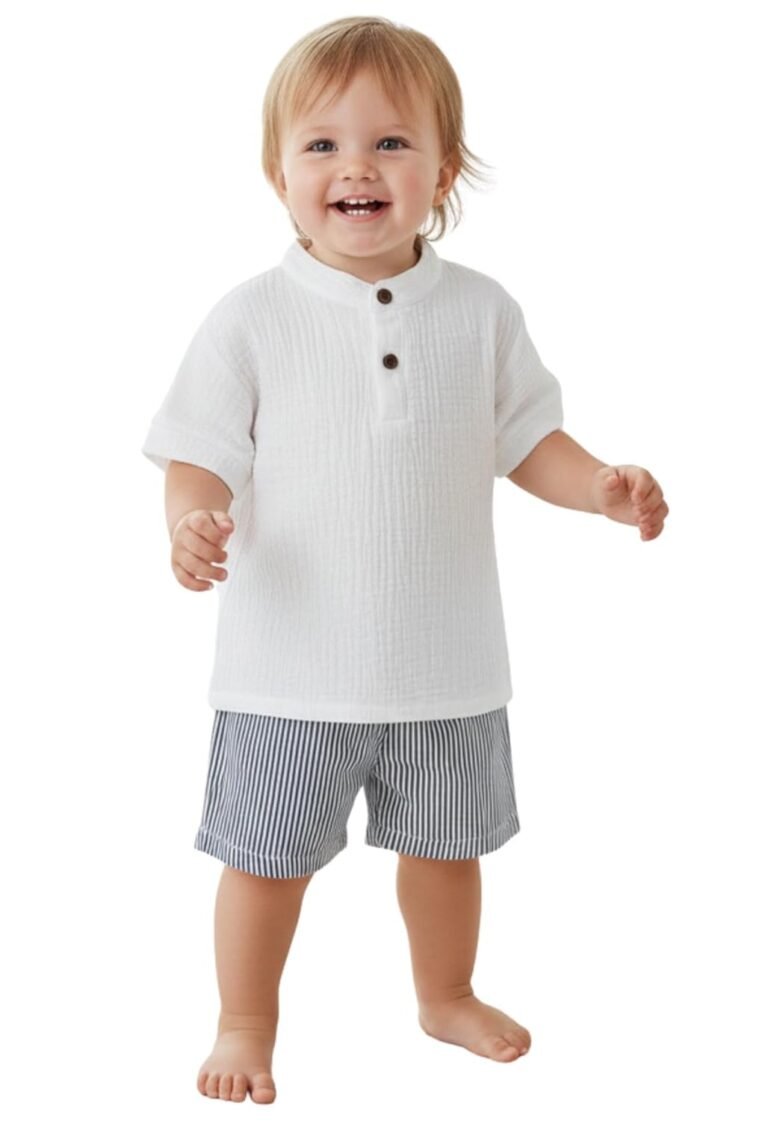 SATVIORA Baby Boys Cotton Summer Clothing Set – Short Sleeve Henley T Shirt and Striped Shorts Outfit – Soft Breathable Casual 2 Piece Set for Kids
