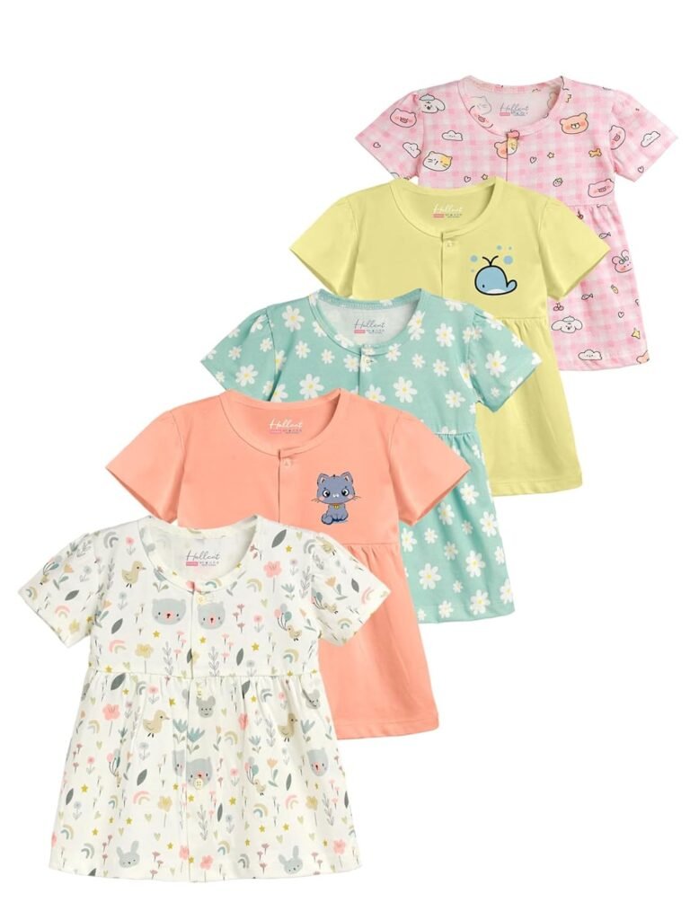 HELLCAT 100% Cotton Baby Frock Dress for Girls – Pack of 5, Soft & Trendy, Short Sleeve