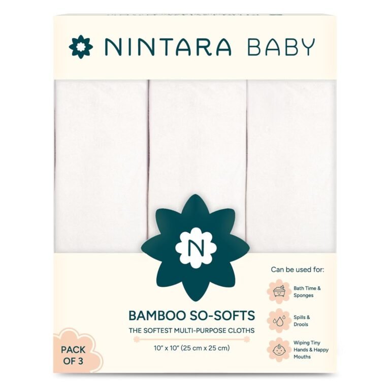 NINTARABABY So-Softs Bamboo Wash Cloths – Ultra-Soft, Hypoallergenic, Highly Absorbent Multi-Purpose Baby Cloths, Quick-Drying, 10″ x 10″, Gifts for Babies, Infants & Toddlers, Pack of 3