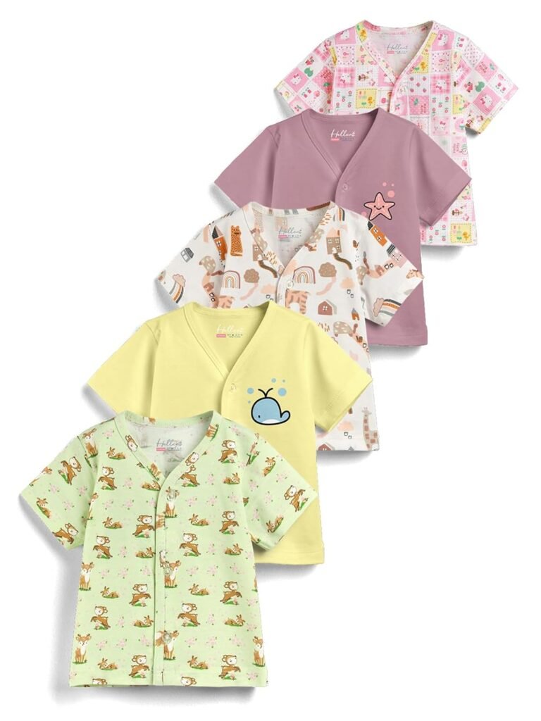 HELLCAT 100% Cotton Front Open Jhabla Vest & T Shirt for Babies – Pack of 5 (Unisex,Short Sleeve)