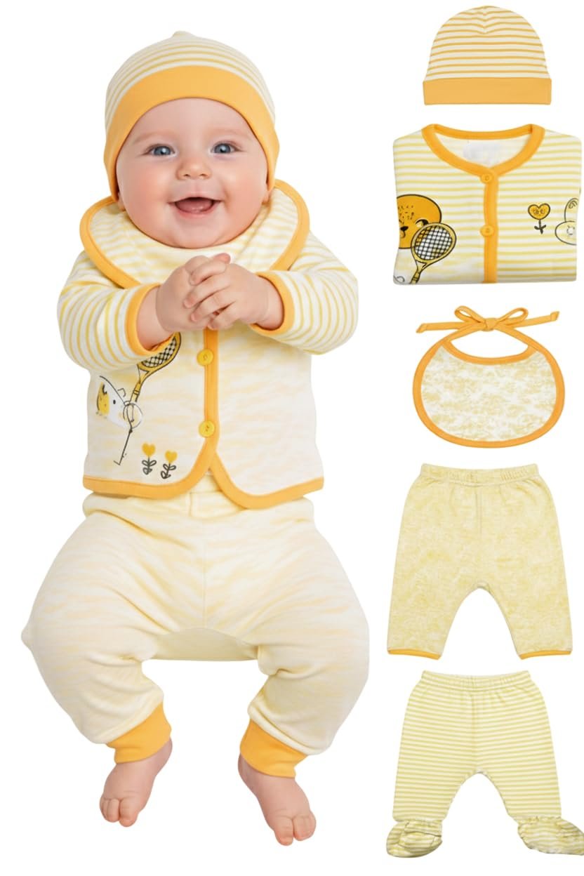 New Born Baby Winter Wear Clothes for Baby Boy & Girl 5 Pieces with Jacket, Pants, Bib, and Booties | New Born Baby Winter Wear (0-3 Months)