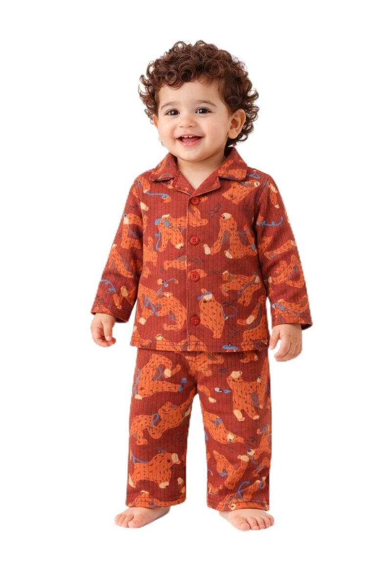 Premium Cotton Baby Night Suit for Boys & Girls, Sleepy Bear Print, Full Sleeve Button Pajama Set, Ribbed Cotton, Unisex