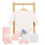 MOM’S HOME Organic Cotton New Born Baby Essentials Gift Set | Baby Shower Gift Hamper | Baby Clothing Gift Combo | Little Hearts | Pack of 7