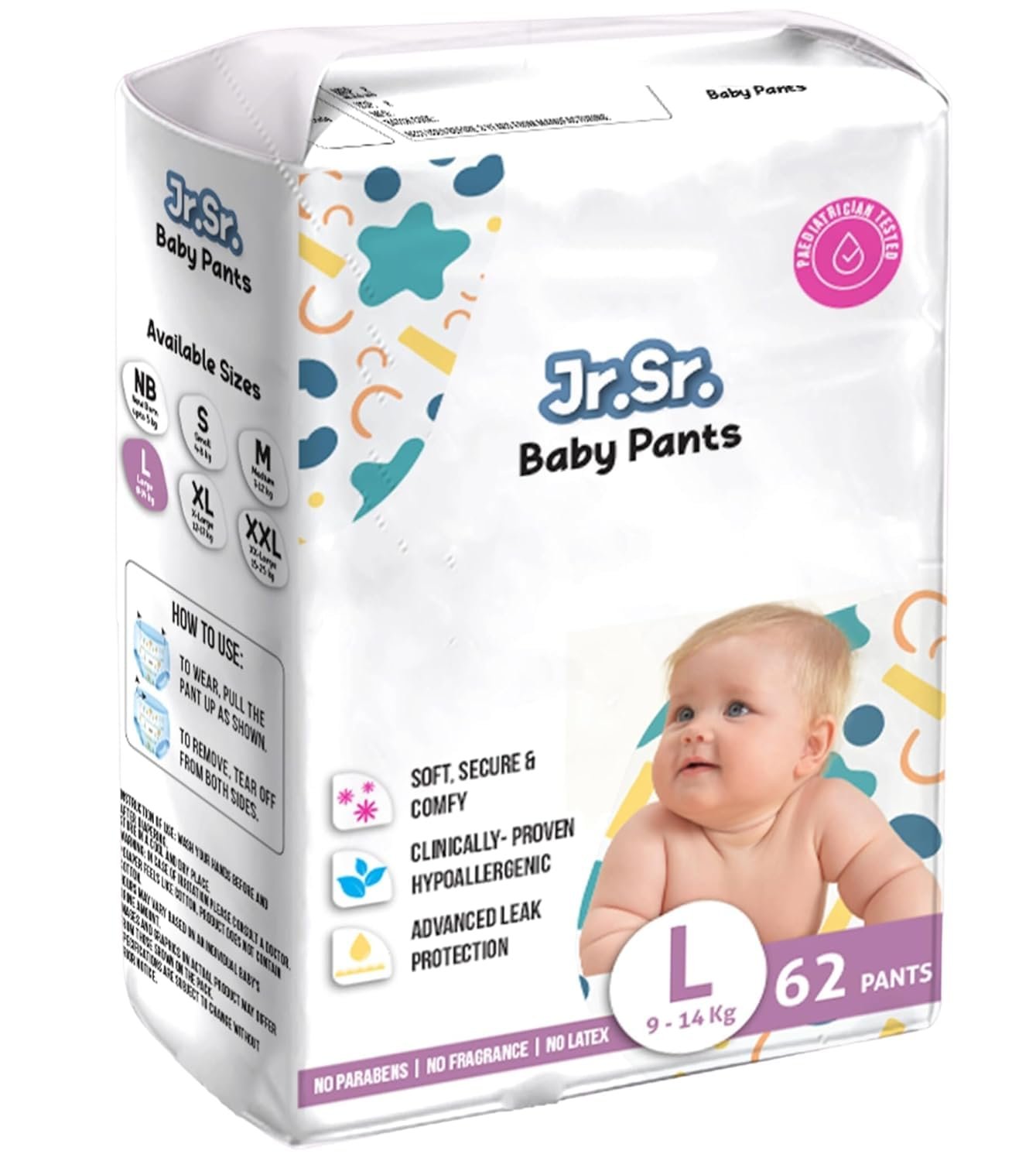 Jr. Sr. Baby Diaper Pants | Large (L) Size (9-14 kg), 62 Count | Pack of 1 | Upto 12 hr Absorption with Advanced Leak Protection | Safe For Babies Skin | Soft, Secure & Comfy