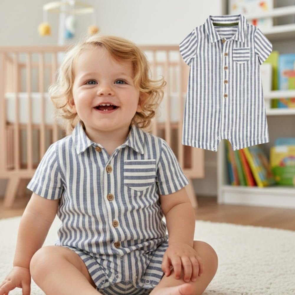 A.T.U.N. (ALL THINGS UBER NICE) Baby Boys 100% Cotton Polo Romper | Soft Striped Fabric with Button Front Style & Collared Design | Comfortable One-Piece Kids Outfit
