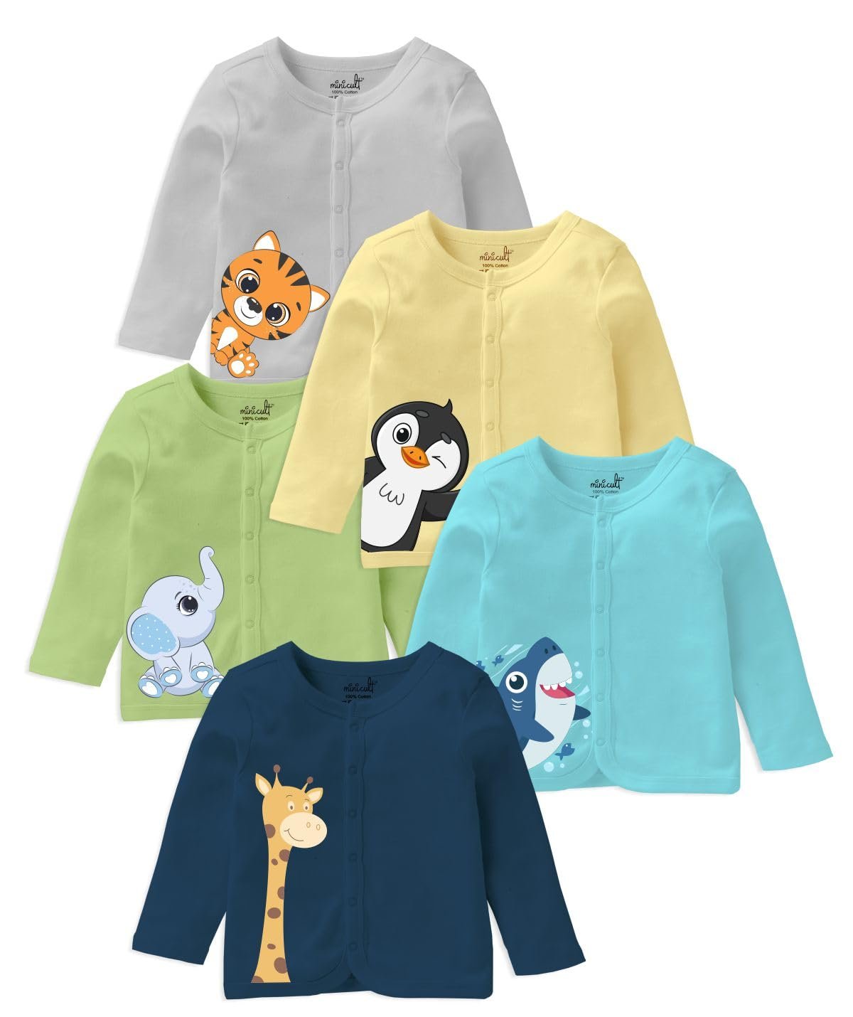 minicult Set of Cotton Unisex Front Open T-Shirt with snap Buttons Pack 5 jhabla