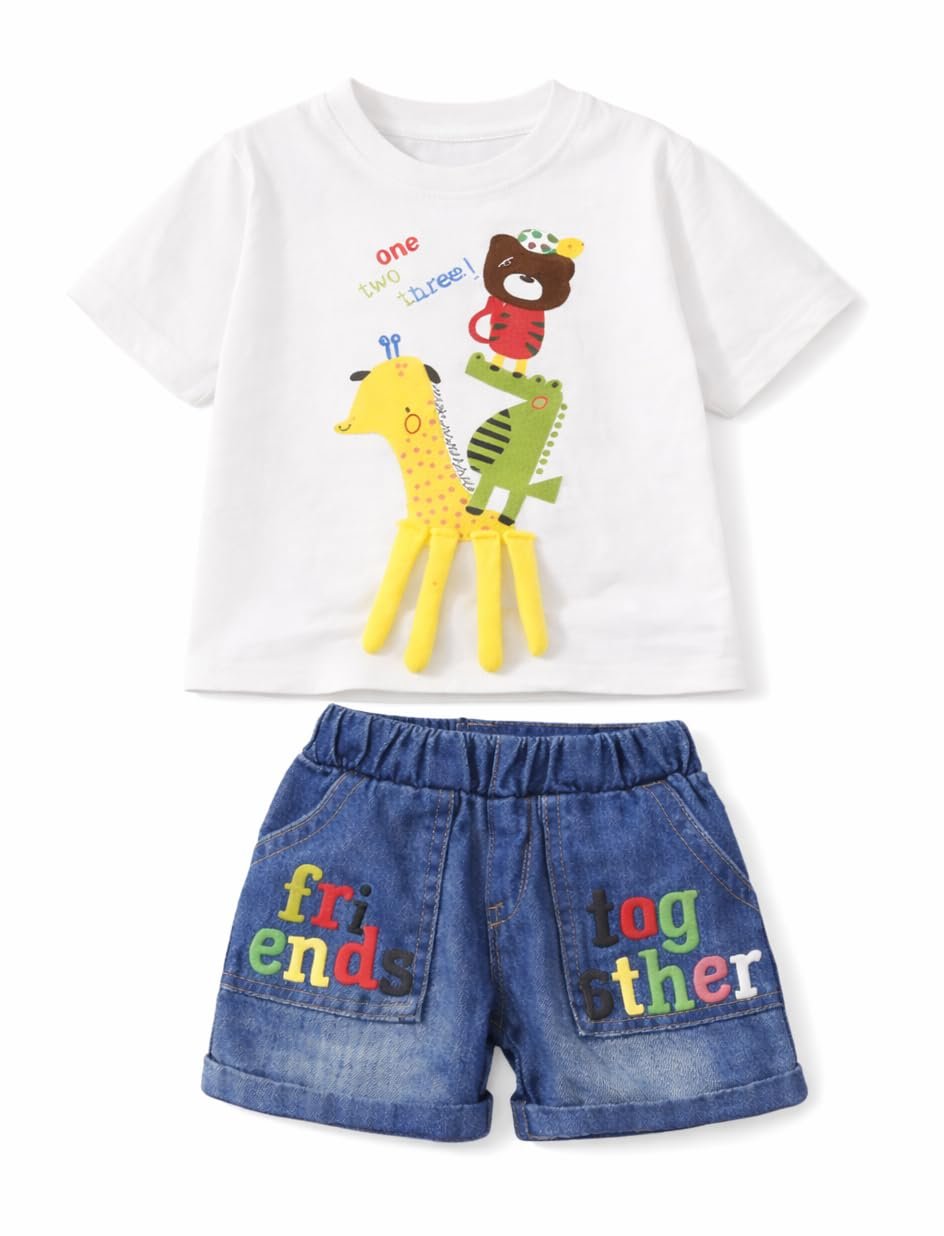 Bold N Elegant Baby Boy Girl 3D Cartoon Animal Cotton T-Shirt n Denim Shorts Set Toddler Summer Clothes Outfit with Giraffe 3D Design for Kids