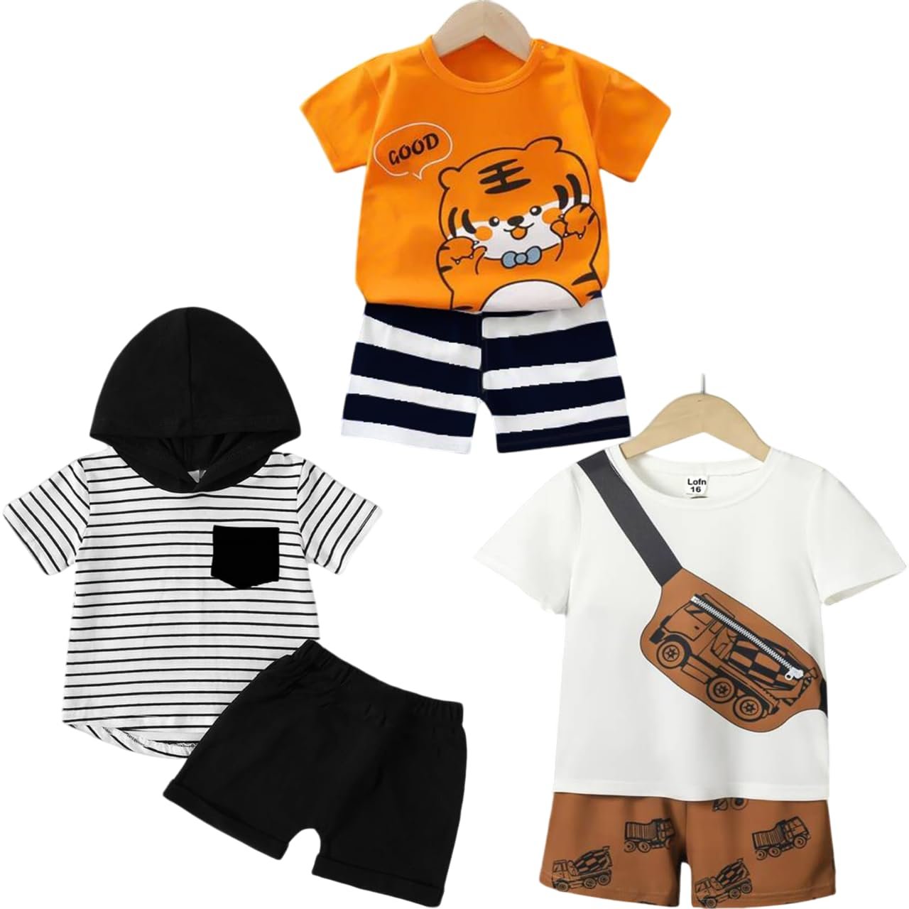 Lofn Unisex-Child Cotton Clothing Sets for Baby Boys & Baby Girls Printed Kids Clothing Sets – Unisex Clothing sets Half sleeve T-Shirt & Shorts Pack Of 3 (T84OR-T70WH-18-T83CP)