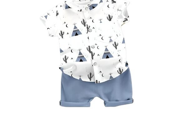 Kid Boy’s Hosiery Cotton Blend Printed Cord Set with Mandarin Collar Short Sleeve Shirt and Side Pocket Elastic Waistband Closure Short Pant