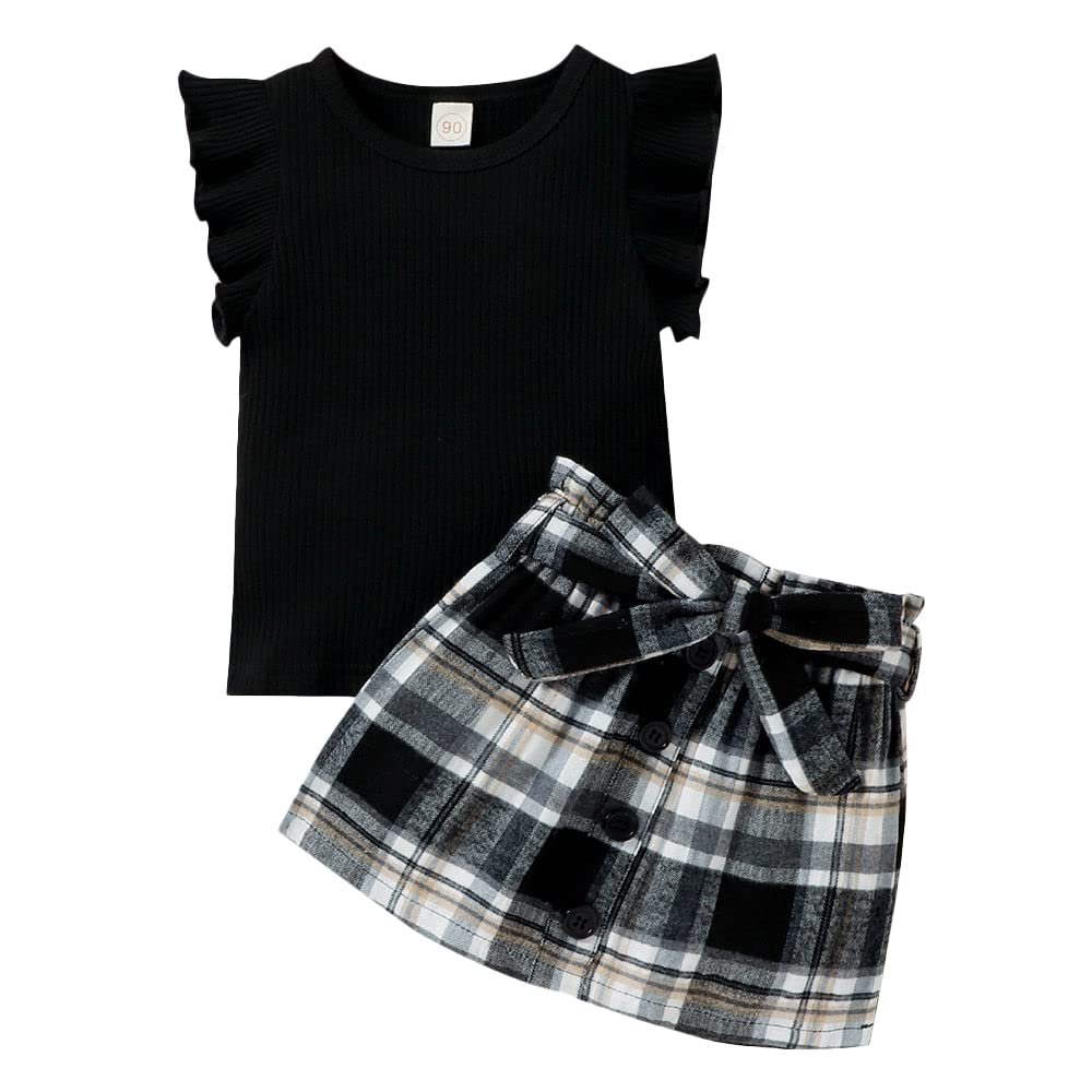 Hopscotch Girls Cotton and Polyester Checkered Blouse and Skirt Set in Black Color