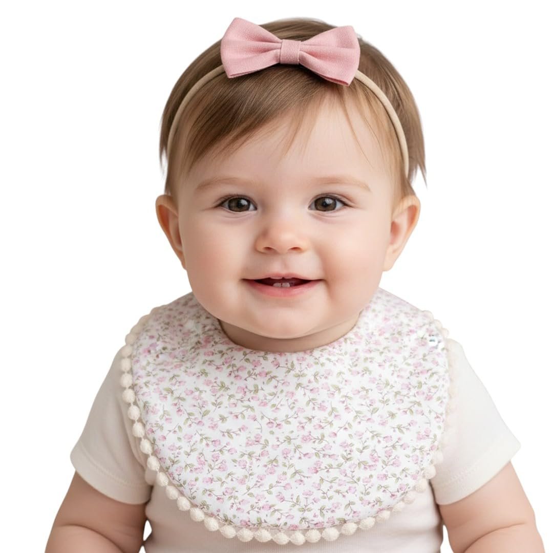 Polka Tots Cotton Floral Bow Headband With Reversible Boho Bib Set – White