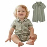 A.T.U.N. (ALL THINGS UBER NICE) Baby Boys 100% Cotton Polo Romper | Soft Striped Fabric with Button Front Style & Collared Design | Comfortable One-Piece Kids Outfit