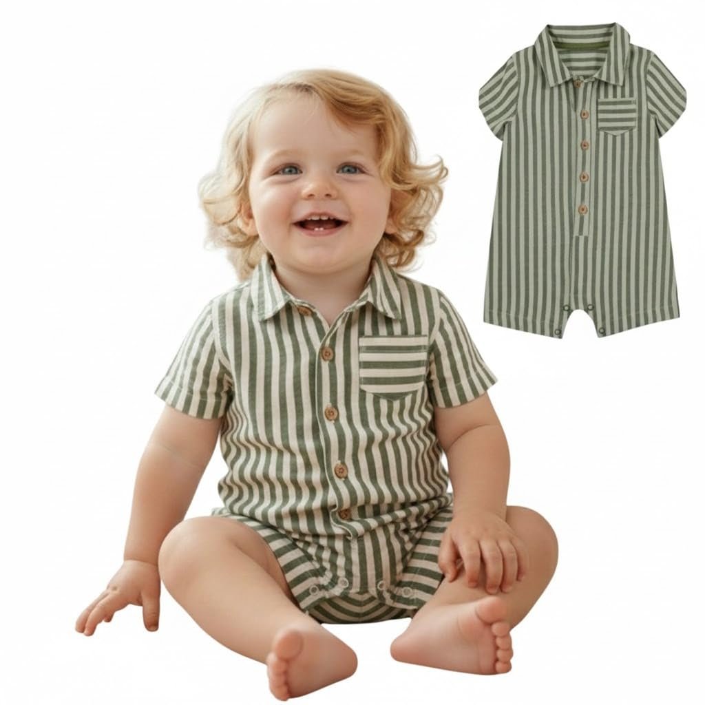 A.T.U.N. (ALL THINGS UBER NICE) Baby Boys 100% Cotton Polo Romper | Soft Striped Fabric with Button Front Style & Collared Design | Comfortable One-Piece Kids Outfit
