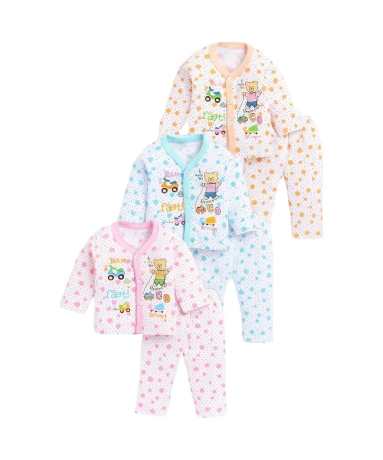 BONUM Baby’s Boy’s Girl’s 100% Cotton Button Shirt with Pyjama Pant Set of 3 New Born Baby Clothes
