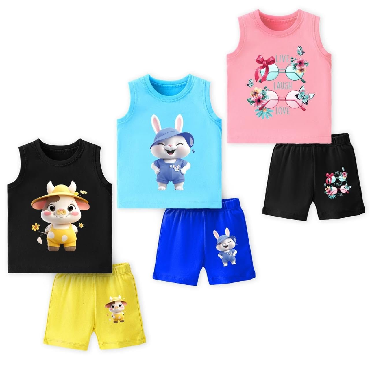 Baby Cotton Clothing Set | Sleeveless T-Shirt & Shorts Combo | Summer Wear for Boys & Girls | Soft Breathable Fabric | Multicolor Pack of 3