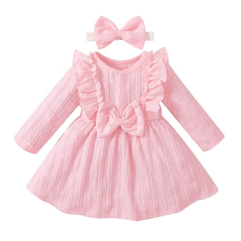 Hopscotch Girl’s Polyester And Spandex Bow Applique Full-Sleeve Knee-Length Casual Dress With Headband In Pink Color