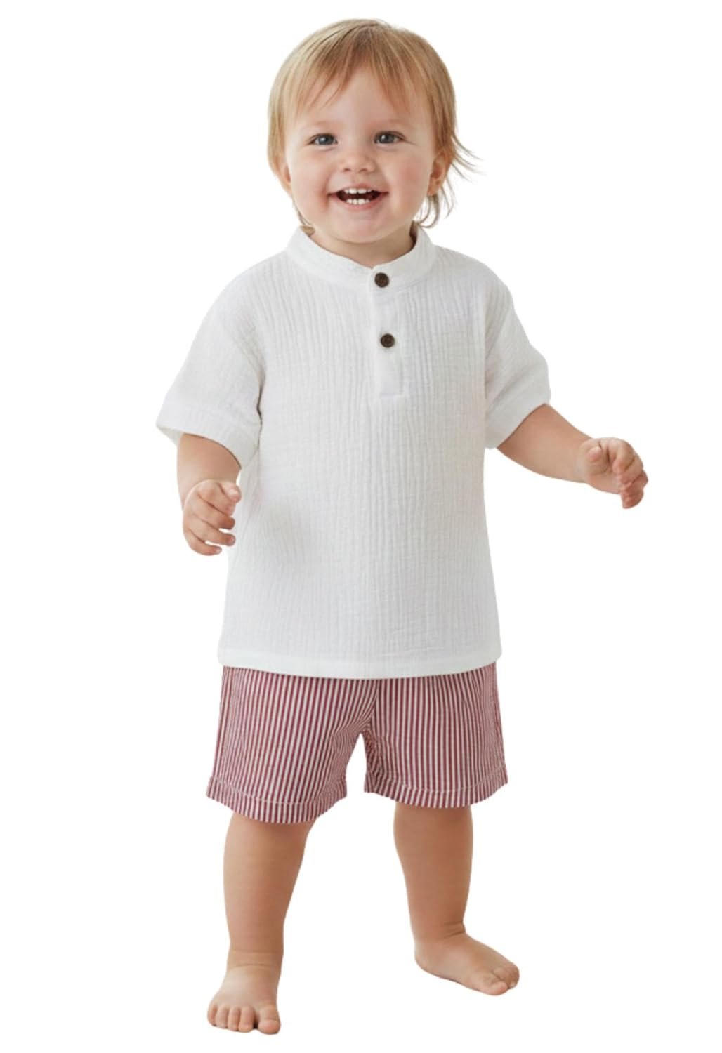 SATVIORA Baby Boys Cotton Summer Clothing Set – Short Sleeve Henley T Shirt and Striped Shorts Outfit – Soft Breathable Casual 2 Piece Set for Kids