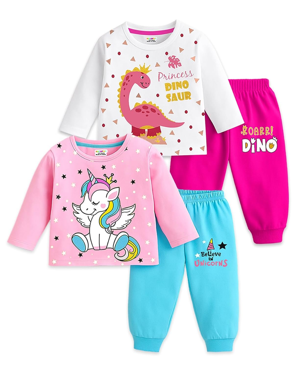 Kuchipoo Girls Regular Fit Cotton T-Shirts and Pyjamas Clothing Set