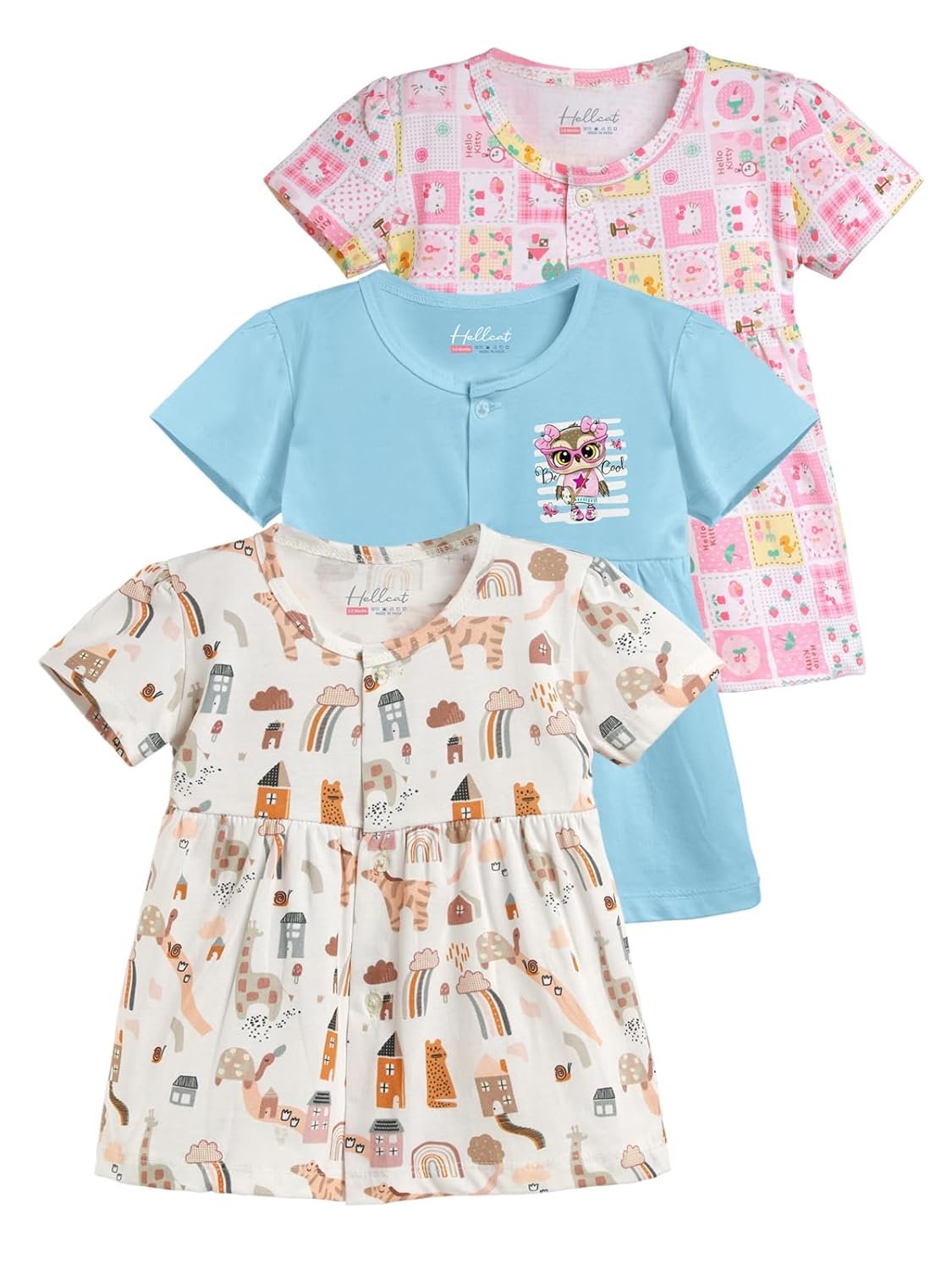 HELLCAT 100% Cotton Baby Frock Dress for Girls – Pack of 3, Soft & Trendy, Short Sleeve