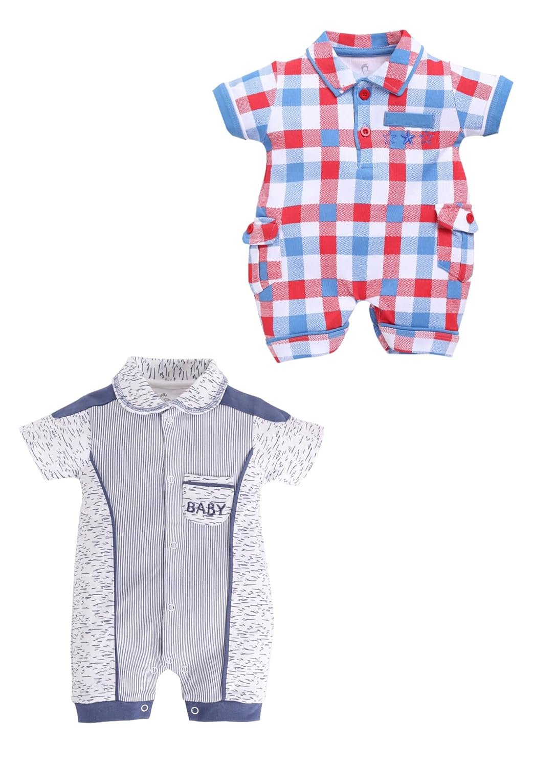 BabyGo Baby Half Sleeve Rompers 100% Cotton Rompers for New Born Baby Boys|Daily Suits for Baby Boys & Girls| 0-3M| 3-6M|6-9M|Onesies| Infant Clothes | Pack of 2