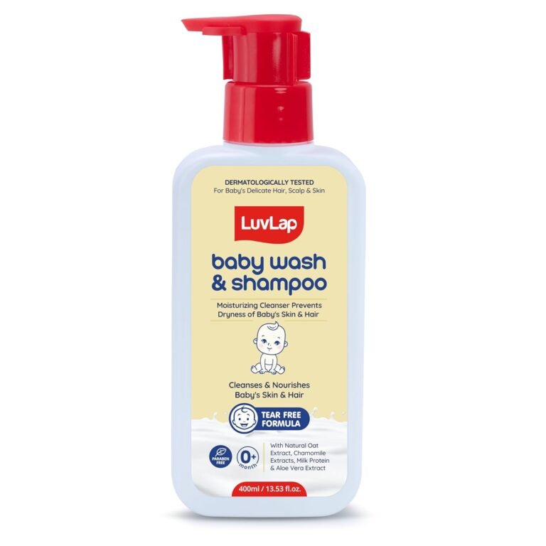 LuvLap Baby Wash & Shampoo – 400ml with Chamomile, Milk Protein, Oatmeal & Shea Butter, Paraben Free, Tear Free, Soap Free, Rich Moisturised Skin & Soft Hair, Baby Body Wash, Dermatologically Tested