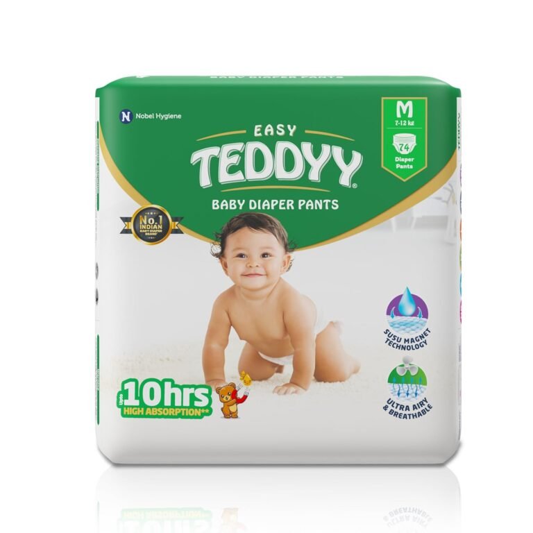 TEDDYY Easy Baby M Size Diaper Pant Style | 74 Count (Medium) | 7–12 kg (Pack of 1) | Long Protection Hours | Anti-Bacterial | Airy Breathable Fit | Rapid Soaker Channels with Wetness Indicator