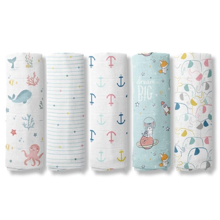 haus & kinder 100% Cotton Muslin Swaddle Wrap for New Born Baby | Pack of 5 (100×100 cm) | Baby Blanket & Swaddles for Newborn | Nautical Collection