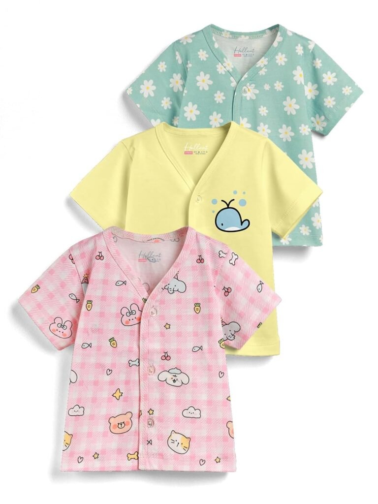 HELLCAT 100% Cotton Front Open Jhabla Vest & T Shirt for Babies – Pack of 3 (Unisex,Short Sleeve)
