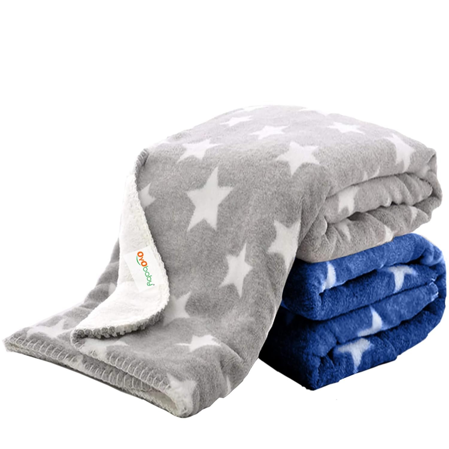 OYO BABY Baby Square Blankets Combo | for New Born Babies Baby Boys, Baby Girls, Babies for 0-6 Months, Fleece, Skin Friendly, 2 Blankets (Star Grey + Star Dark Blue)