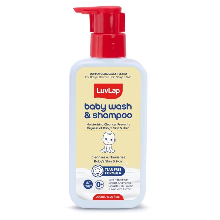 LuvLap Baby Wash & Shampoo – 200ml with Chamomile, Milk Protein, Oatmeal & Shea Butter, Paraben Free, Tear Free, Soap Free, Rich Moisturised Skin & Soft Hair, Baby Body Wash, Dermatologically Tested