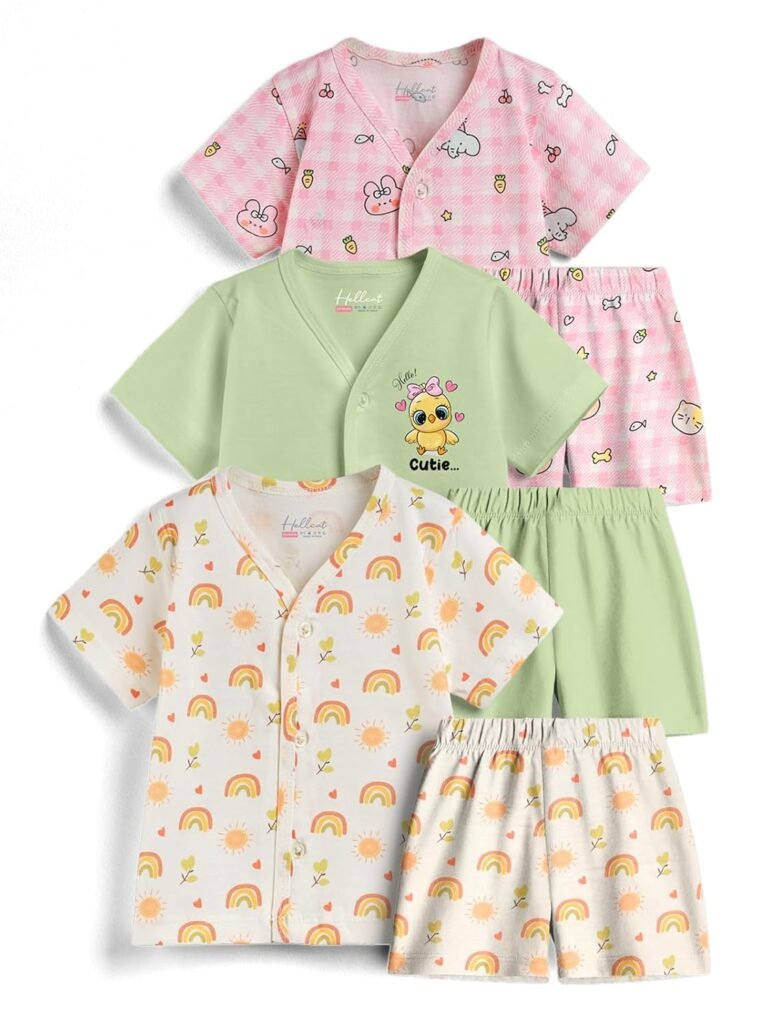 HELLCAT 100% Cotton Jhabla T Shirt & Shorts Matching Co-ords for Babies – Pack of 3 (Unisex, ShortSleeve)