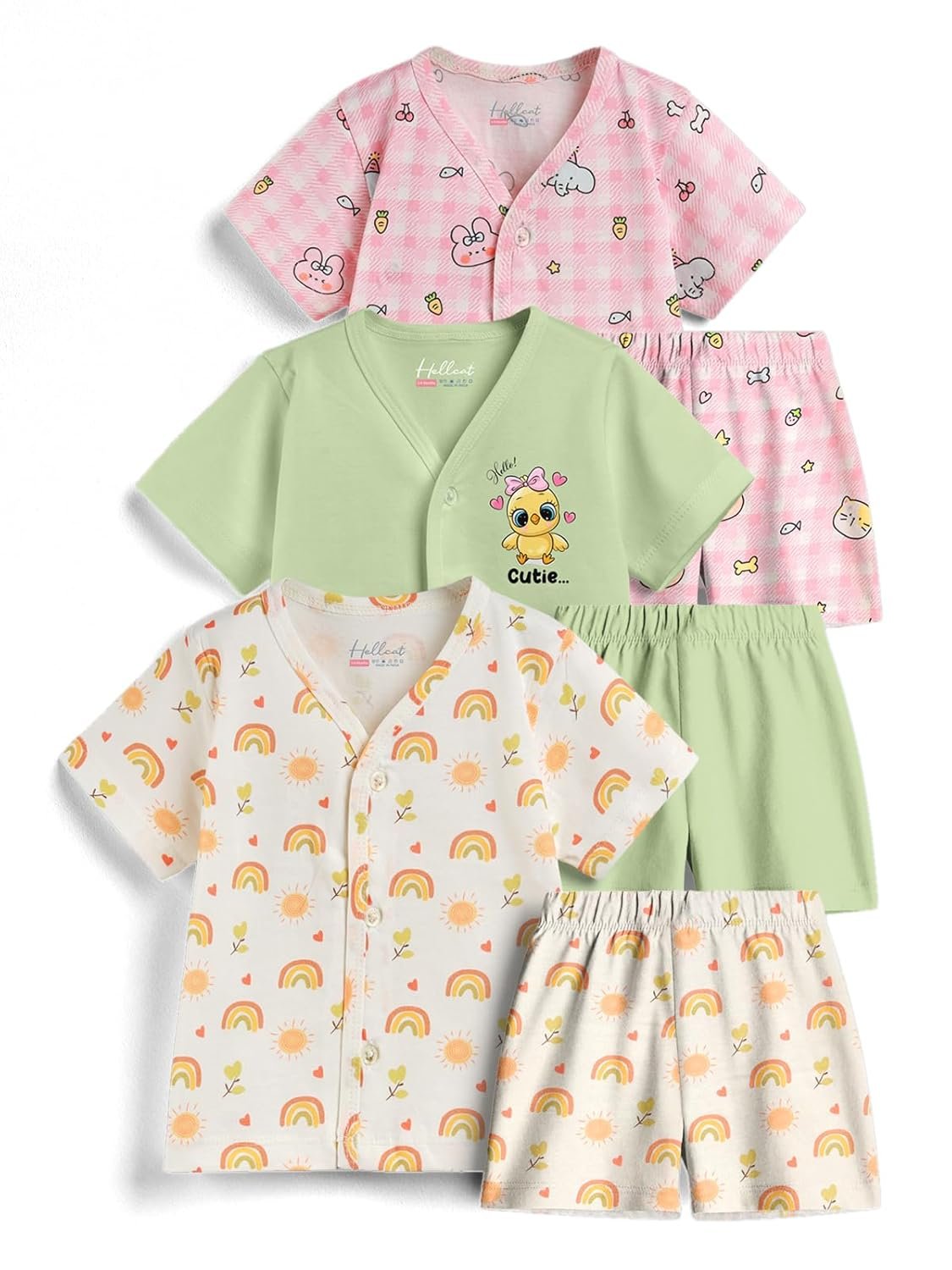 HELLCAT 100% Cotton Jhabla T Shirt & Shorts Matching Co-ords for Babies – Pack of 3 (Unisex, ShortSleeve)