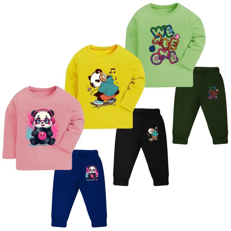 Toddler Boys & Girls Cotton Printed T-Shirt Pyjama Set | Full Sleeve Top & Jogger Pants | Soft Cotton Nightwear & Casual Wear | Unisex Kids Clothing | Set of 3