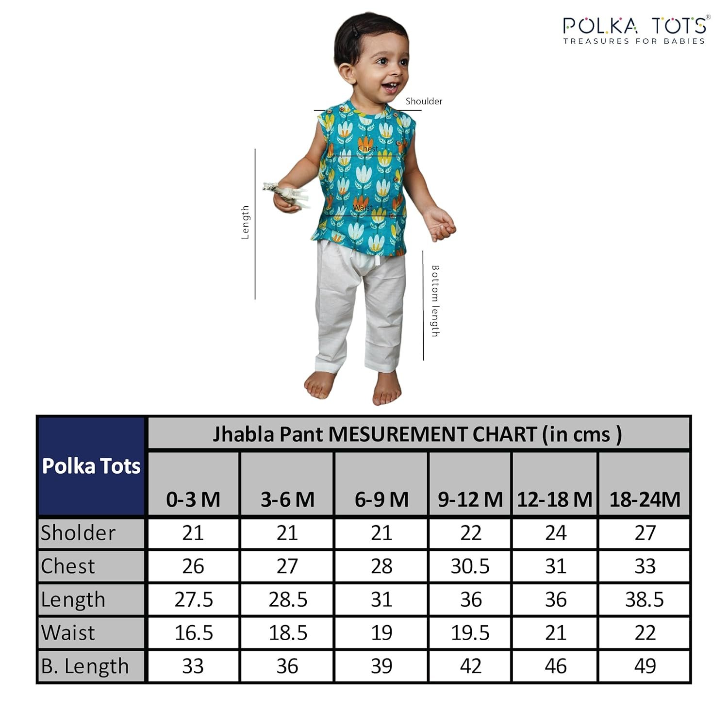 POLKA TOTS Baby Jhabla & Pant Set | 100% Cotton | Sleeveless Printed Top + Soft Bottom | Unisex Outfit for New Born, & Toddlers