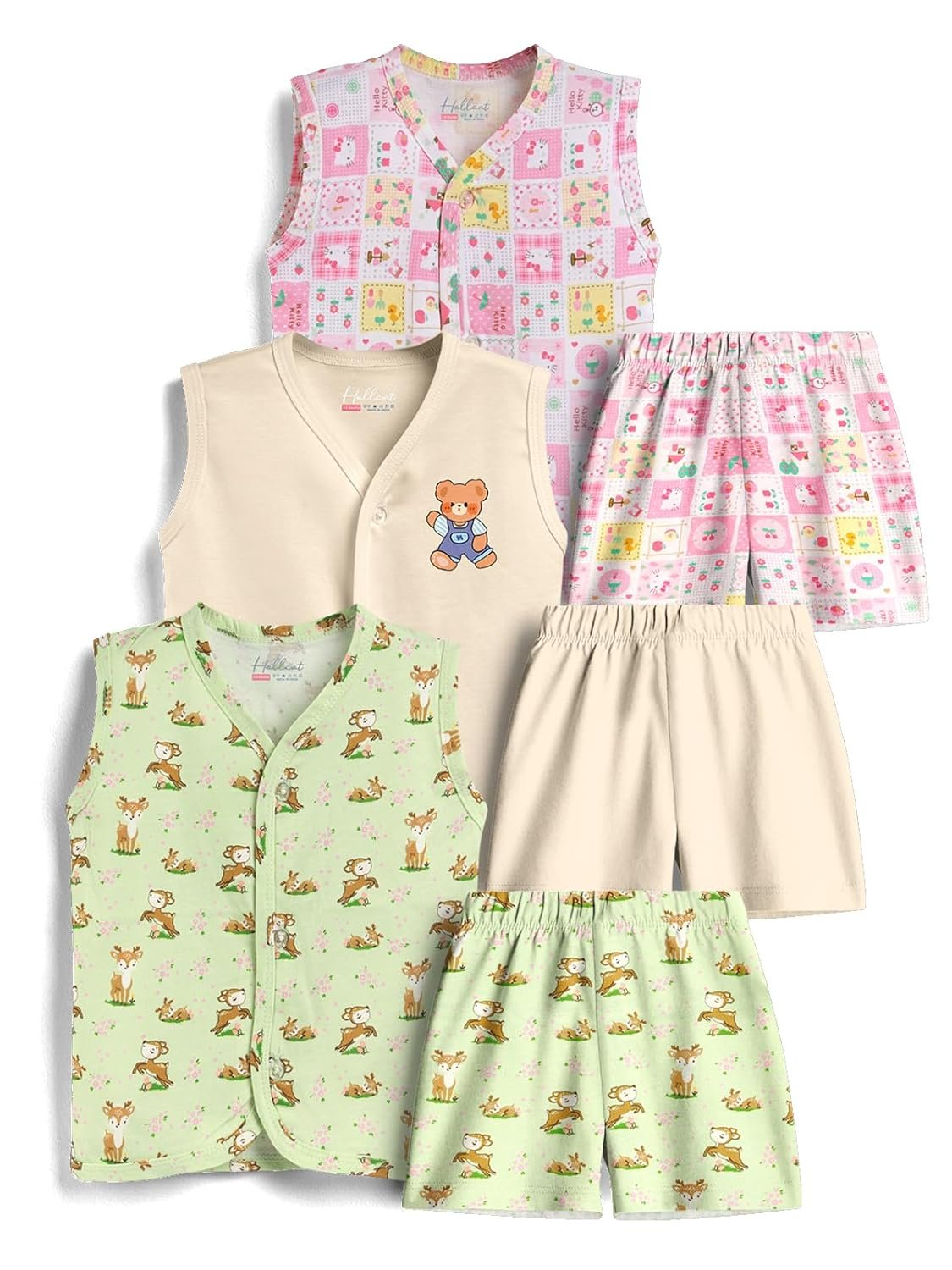 HELLCAT 100% Cotton Jhabla T Shirt & Shorts Matching Co-ords for Babies – Pack of 3 (Unisex, Sleeveless)