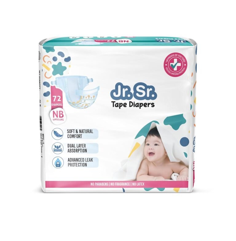 Jr. Sr. Baby Tape Style Diaper | Adjustable Fit For Babies | Newborn/Extra Small (NB/XS) Size (0-5kg), 72 Count | Pack of 1 | Upto 12 hr Absorption with Advanced Leak Protection | Soft & Comfy