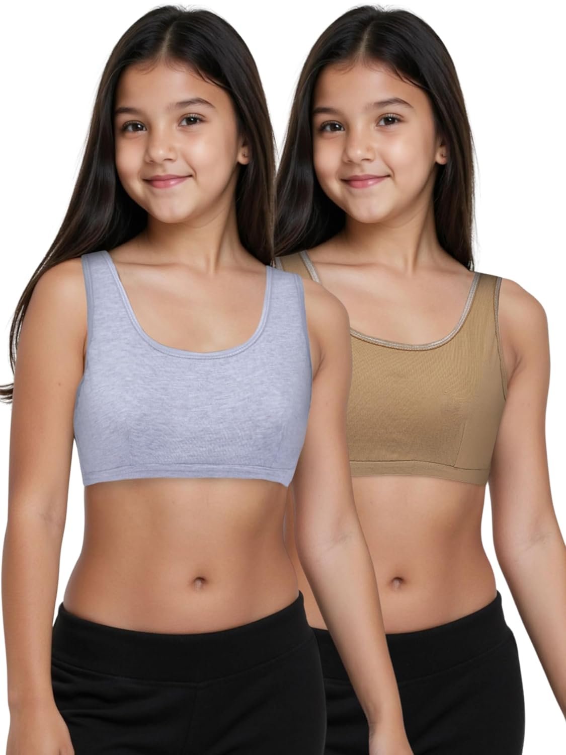 DChica Essentials Sports Bra for Girls (Pack of 2) Cotton Non-Padded Full Coverage Beginners Non-Wired T-Shirt Gym Yoga Workout Bra with Regular Broad Strap, Training Bra for Teenagers