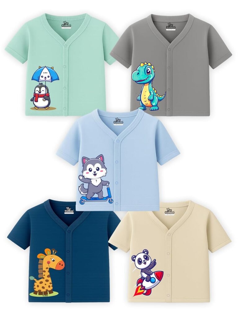 Kidbee Baby Cotton Half Sleeve Front Open Jabla Top/T-Shirt – Pack of 5