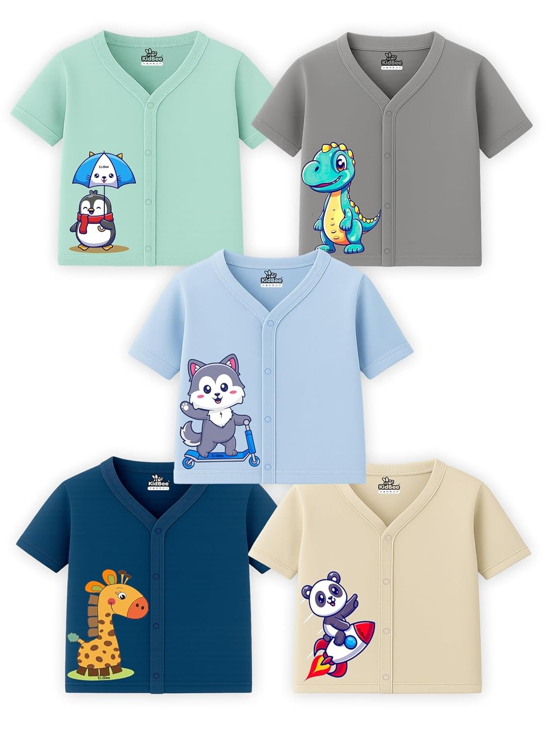 Kidbee Baby Cotton Half Sleeve Front Open Jabla Top/T-Shirt – Pack of 5