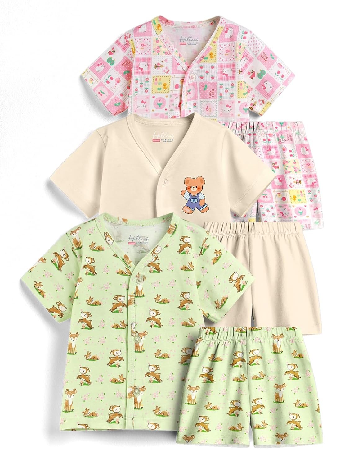 HELLCAT 100% Cotton Jhabla T Shirt & Shorts Matching Co-ords for Babies – Pack of 3 (Unisex, ShortSleeve)