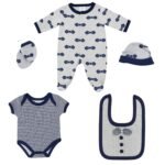 Baby Clothing Set (5 PCS), Includes – Onesie, Romper, Cloth Bib, Beanie & mittens, Baby Gift combo/Hamper, First Gift set for newborn & infants