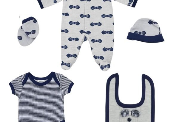 Baby Clothing Set (5 PCS), Includes – Onesie, Romper, Cloth Bib, Beanie & mittens, Baby Gift combo/Hamper, First Gift set for newborn & infants