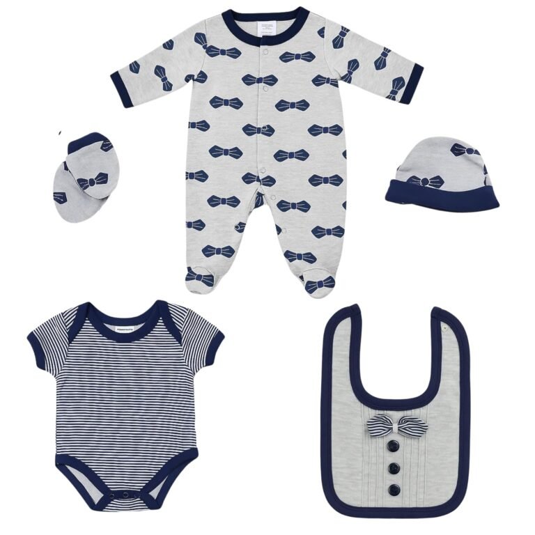 Baby Clothing Set (5 PCS), Includes – Onesie, Romper, Cloth Bib, Beanie & mittens, Baby Gift combo/Hamper, First Gift set for newborn & infants