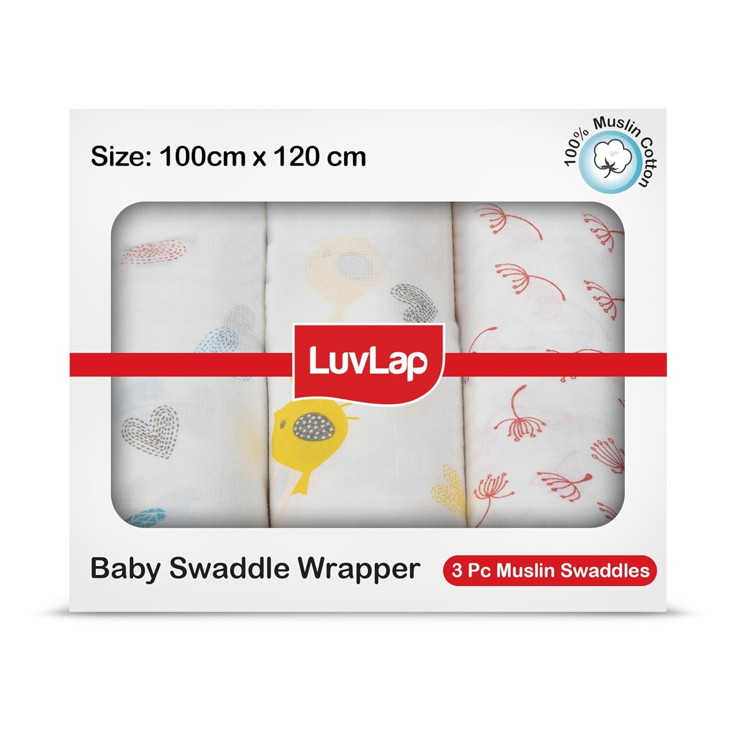 LuvLap 100% Cotton Muslin Baby Swaddle Set, Baby Towel, Size-120cm x 100cm (47″x39″), Hearts Birds Printed on White, 0-18 Month+, Printed Mulmul Muslin Swaddle Wrap for New Born, Pack of 3