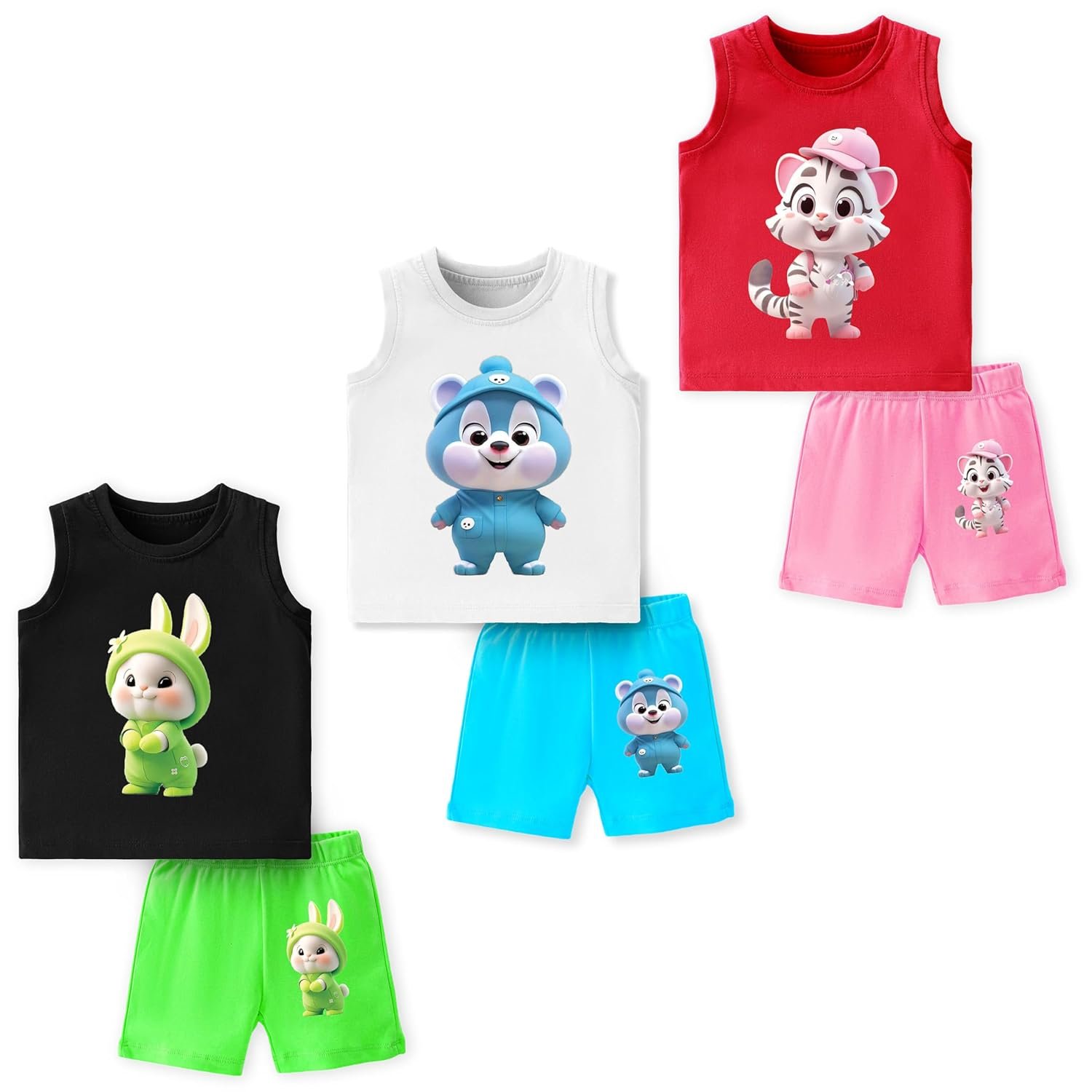 Baby Cotton Clothing Set | Sleeveless T-Shirt & Shorts Combo | Summer Wear for Boys & Girls | Soft Breathable Fabric | Multicolor Pack of 3