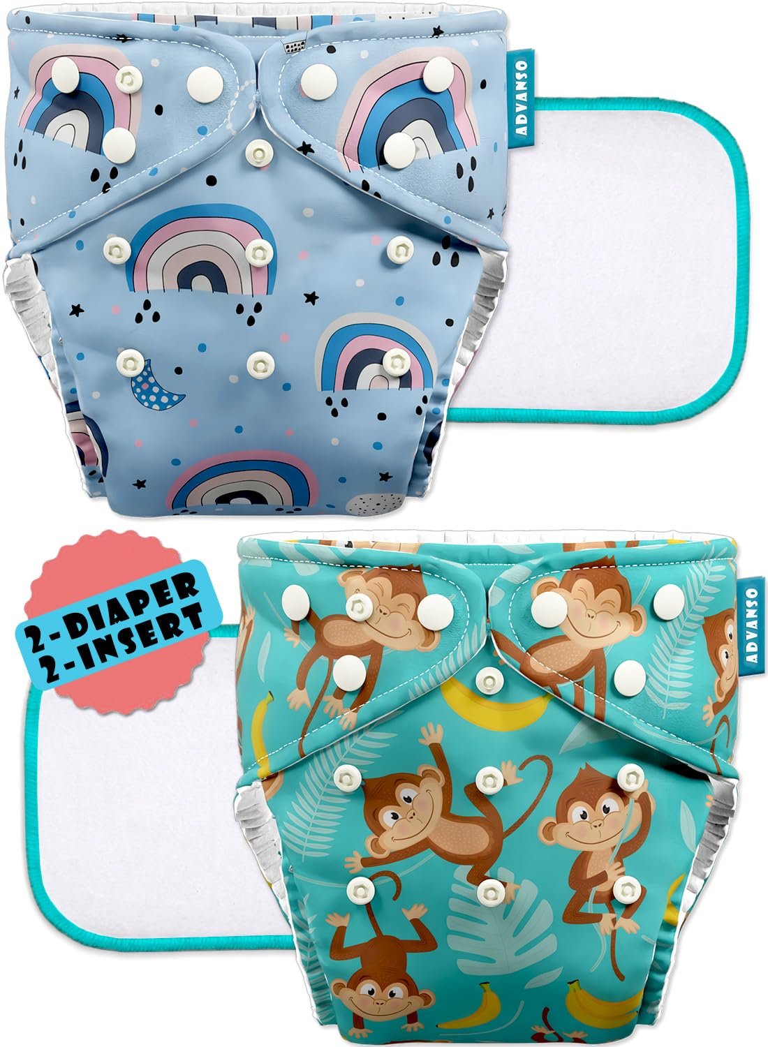 Advanso Leakage-proof cloth diapers for babies, high absorbent 2 reusable diaper 2 insert pad combo pack washable cloth diaper free size 5-18kg baby adjustable pocket cover 18